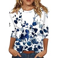 Womens Tops 3/4 Sleeve V Neck/Crewneck Cute Shirts Casual Trendy Print Blouses Three Quarter Length T Shirt D-Blue