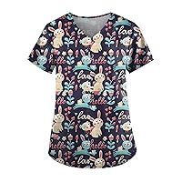 Women's V-Neck Summer Tees Working Pocket Fashion Short Sleeve Tops Loose 2023 Easter Printing Blouse T Shirts