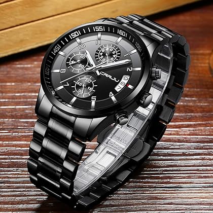 CRRJU Men's Fashion Stainless Steel Watches Date Waterproof Chronograph Wristwatches,Stainsteel Steel Band Waterproof Watch