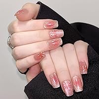 Glitter Fireworks Press on Nails Short Square Ballerina Coffin Nails Glossy Pink Cat Eye Acrylic Fake Nails Reusable False Nails Glue on Nails Natural Stick on Nails for Women Charm Manicure 24 pcs