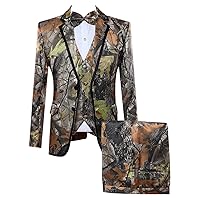 Mens 3 Piece 2 Button Flat Collar Camouflage Suits