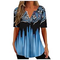 ZunFeo Women Blouses Summer 2023 Graphic Tshirt Shirts Short Sleeve Dressy Blouse Loose Fit Tunic Top Button V Neck Fashion