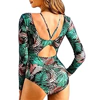 JASAMBAC Women Long Sleeve Swimsuits Bathing Suit One Piece Tummy Control Full Coverage Cutout Floral Printed Swimwear
