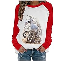 Long Sleeve Tops for Womens Vintage Horse Graphic T Shirts Crew Neck Pullover Fashion Casual Blouse Spring Tees Shirt