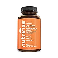 NutriRise Organic Ashwagandha Root Capsules with Black Pepper 1950mg, Natural Stress & Mood, Thyroid & Immune Support Supplement, Sleep Aid, Nootropic for Focus & Energy, Gluten Free, 180 Count