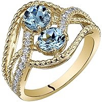 PEORA Aquamarine Two-Stone Ring for Women 14K Yellow Gold, Natural Gemstone, 1 Carat total Round Shape, Sizes 5 to 9