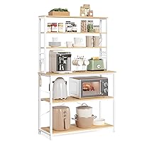 VASAGLE Coffee Bar, Baker’s Rack for Kitchen with Storage, 6-Tier Kitchen Shelves with 6 Hooks, Microwave Stand, Industrial, 15.7 x 39.4 x 65.7 Inches, Oak Color and White UKKS039Y09