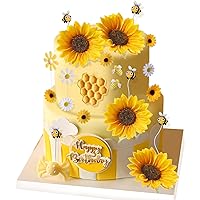 RAYNAG 44 Pieces Sunflower Bee Cake Topper Bumble Bee Cake Decoration DIY Honeycomb Bee Flower Cake Decoration for Bee Daisy Sunflower Baby Shower Wedding Party Themed Birthday Party Supplies
