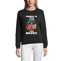 Women’s Graphic Sweatshirt Powered By Cats And Books - Cat Lovers Eco-Friendly Limited Edition Long Sleeve Ladies Sweater Vintage Birthday Gift Novelty Pullover Deep Black M