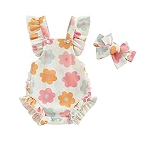 Infant Baby Girl Summer Clothes Outfits Cute Print Fly Sleeve Romper Jumpsuit Bodysuit with Headband