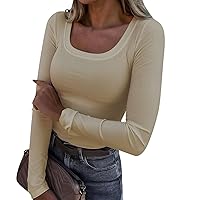 Women Long Sleeve Ribbed Knit Shirt Solid Scoop Neck Basic Tops Casual Fitted Cute Going Out Trendy Tees
