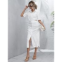 Fall Dresses for Women 2023 Button Front Ruched Detail Cut Out Shirt Dress Dresses for Women (Color : White, Size : Medium)