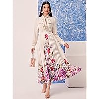 Women's Dress Tie Neck Floral Print Pleated Hem Dress Dress Dress (Color : Multicolor, Size : X-Large)