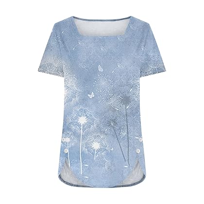 Womens Floral Tshirts Square Neck Tops Tee for Women Short 3/4 Length Sleeve Fall Summer Tee Shirt 2024