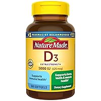 Extra Strength Vitamin D3 5000 IU (125 mcg), Dietary Supplement for Bone, Teeth, Muscle and Immune Health Support, 360 Softgels, 360 Day Supply