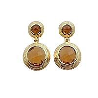 Round Shape Yellow Citrine Hydro Designer Gold Plated Handmade Gemstone Brass Drop Earrings