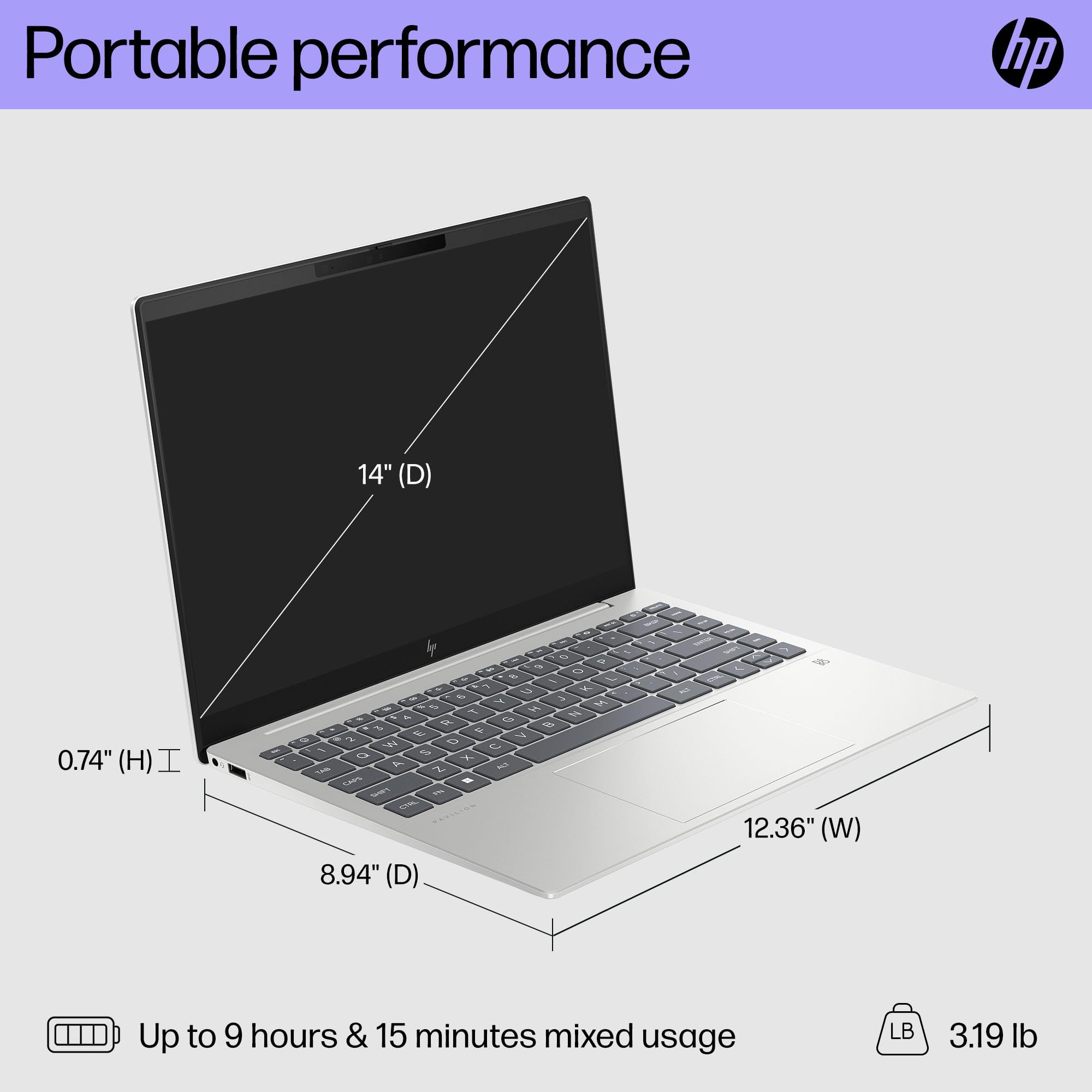 HP Pavilion Plus 14 inch Laptop, WUXGA Display, AMD Ryzen 5 7540U, 16 GB RAM, 512 GB SSD, AMD Radeon 740M Graphics, Windows 11 Home, 14-ey0010nr (2023)