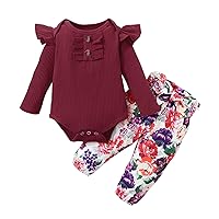 18 Month Girl Clothes Infant Baby Girls Two-Piece Suit Ruffles Long Sleeve Romper Bodysuit and Floral Printed Pants Outfit Pant Girl (Wine, 6-9 Months)