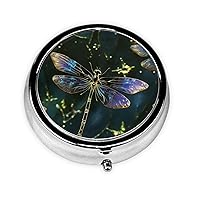 Pill Box 3 Compartment Round Small Pill Case Travel Pillbox for Purse Pocket Dragonfly Metal Medicine Organizer Portable Pill Container Holder to Hold Vitamins MedicationSupplements
