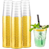 I00000 200 Pack Gold Plastic Cups, 10 oz Clear Plastic Cups Gold Rimmed Disposable Wine Glasses Fancy Disposable Party Cups Wedding Cups Drinking Tumblers Plastic Cocktail Glasses with Gold Rim