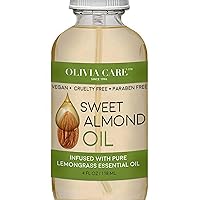 Sweet Almond and Lemongrass Essential Oil by Olivia Care – 100% Natural & Vegan. Moisturize, Hydrate, Replenish & Heal Skin. Gives a Natural Glow - Energize Mind & Senses with Lemony Aroma - 4 OZ