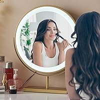 DFFINE16 Inch Gold Makeup Light up Vanity Mirror with Led Light Large Circle Round Tabletop Desktop Smart Touch Control Lighted Up Mirror Women Girl