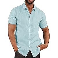 Men's Casual Summer Button Down Linen Shirts Short Sleeve Cotton Beach Tops with Pocket