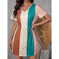Fall Dresses for Women 2023 Colorblock Drawstring Waist Dress Dresses for Women (Color : Multicolor, Size : X-Small)