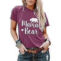 Women Mama Bear Graphic T-Shirt Crew Neck Loose Fit Summer Tops Short Sleeve Blouses