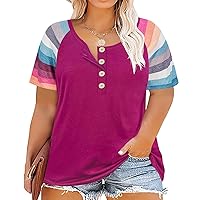 RITERA Womens Plus Size Shirts Short Sleeve Tops Color Block T Shirts Crewneck Button Tee Shirts Casual Tunics Tops Purple- Striped 5XL