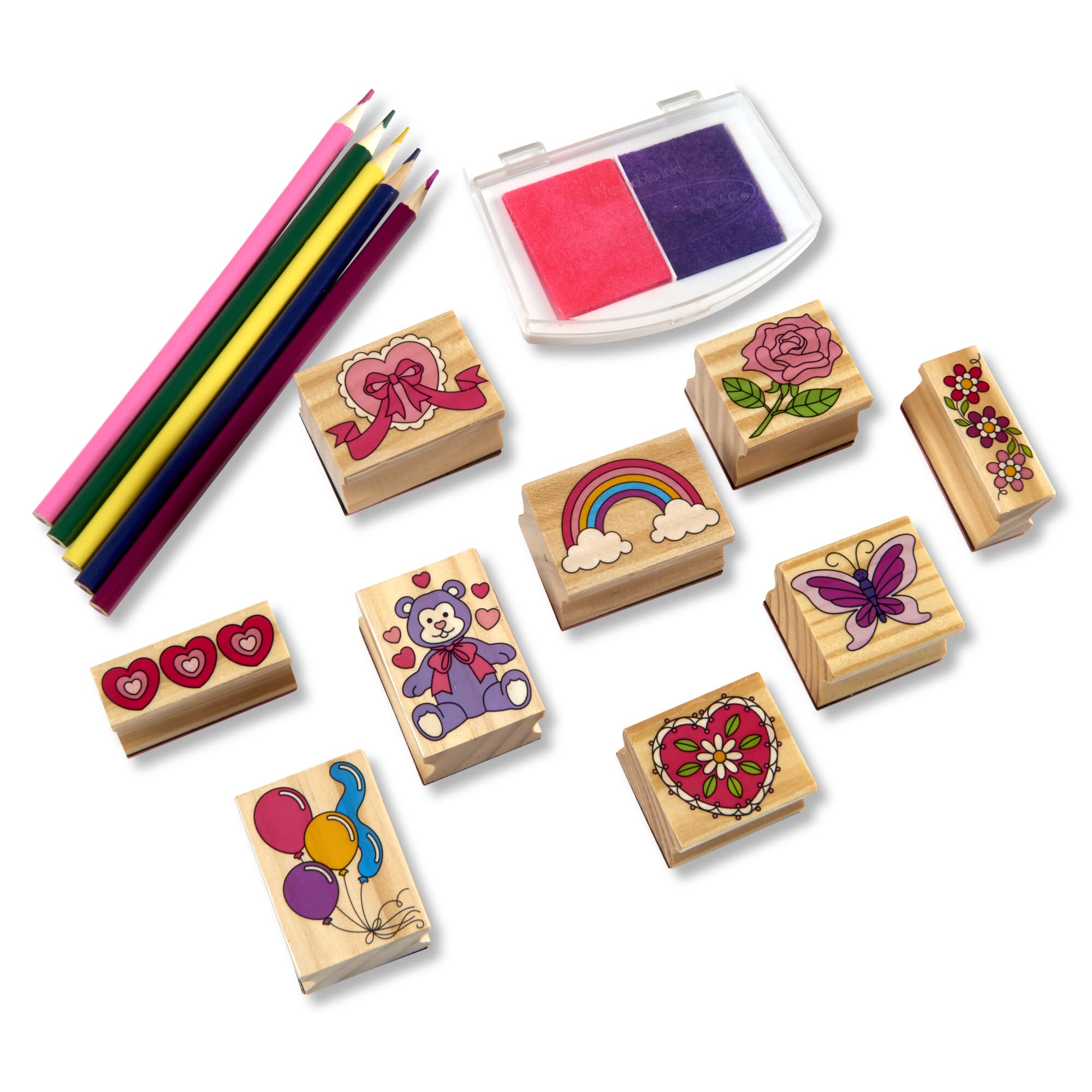 Melissa & Doug Wooden Stamp Set: Friendship - 9 Stamps, 5 Colored Pencils, and 2-Color Stamp Pad - Kids Art Projects, Stamps With Washable Ink, Hearts and Rainbows Wooden Stamps For Kids Ages 4+