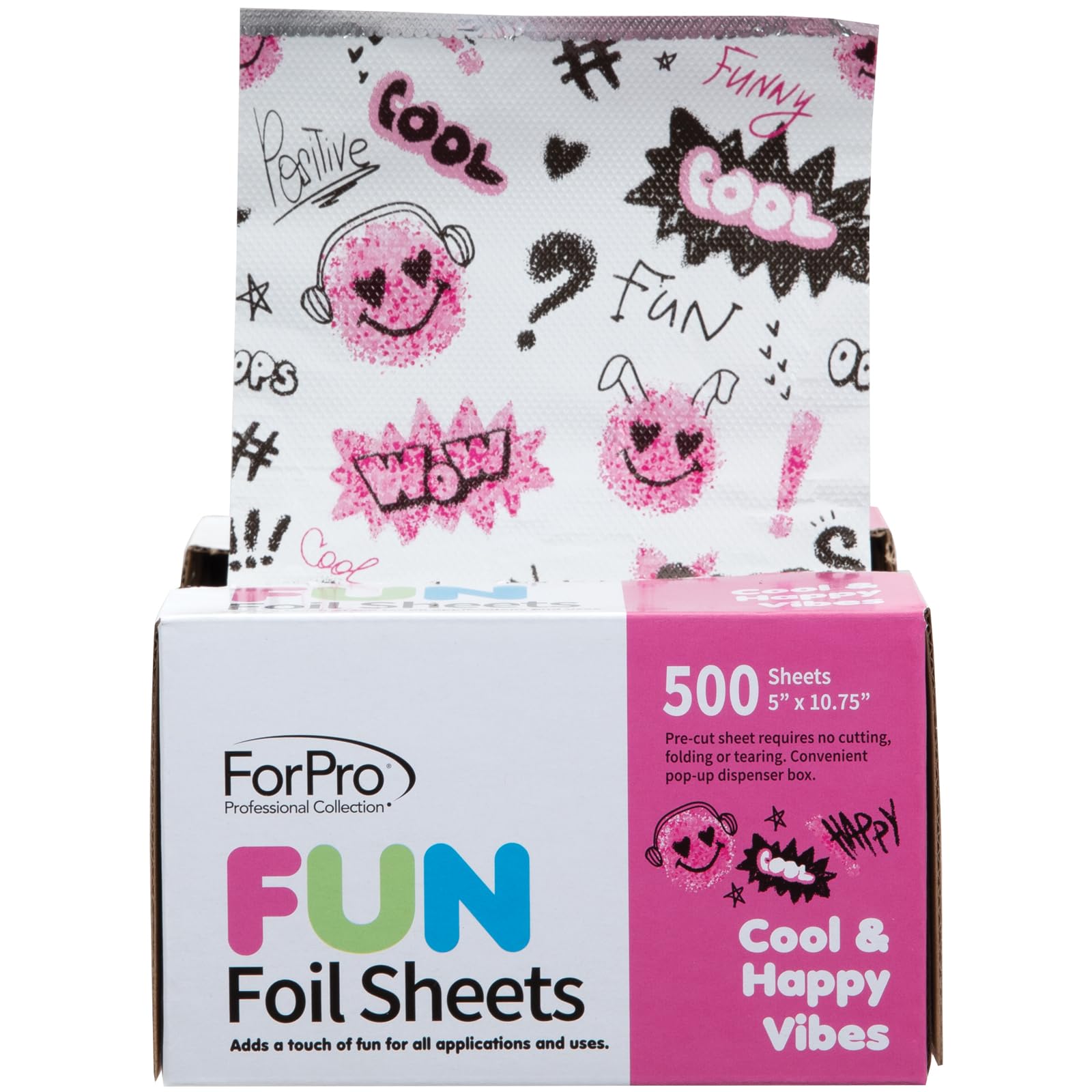 ForPro FUN Cool & Happy Vibes Foil Sheets, Aluminum Foil, Pop-Up Foil Dispenser, Hair Foils for Color Application and Highlighting Services, Food Safe, 5” W x 10.75” L, 500-Count