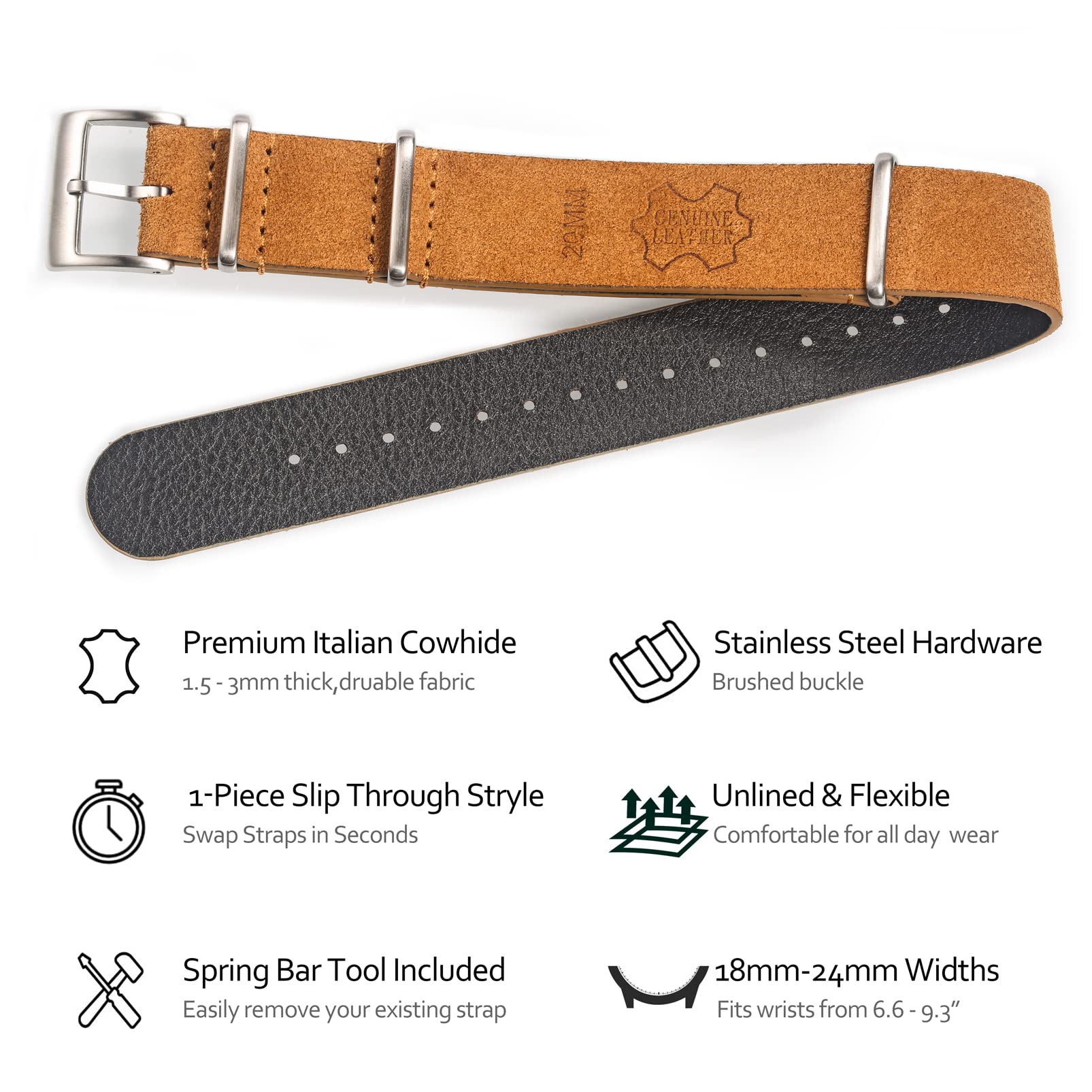 Suede Leather Watch Band, Zulu Style One-Piece Military Watch Strap Vintage Tone 18 20 22mm Replacement Wrap for Men Women
