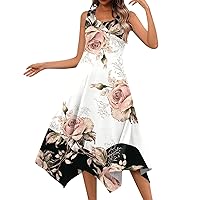 Women Summer Dress Casual Sleeveless Midi Dress Trendy Floral Print O Neck Pockets Sundress Flowy Irregular Hem Tank Dress