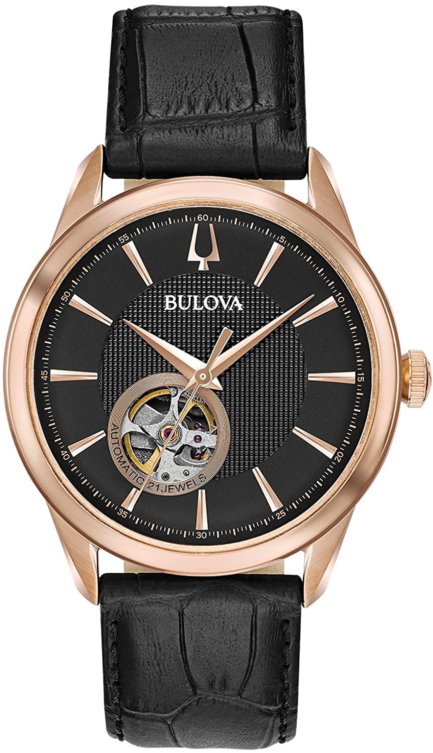 Bulova Men's Classic Automatic Watch with Leather Strap, Open Aperture Dial, Hack Feature, 41mm