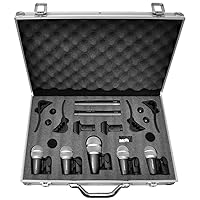 7-Piece Wired Dynamic Kit-Kick Bass, Tom/Snare & Cymbals Microphone Set-for Drums, Vocal, & Other Instrument-Complete with Thread Clip, Inserts, Mics Holder & Case, Black