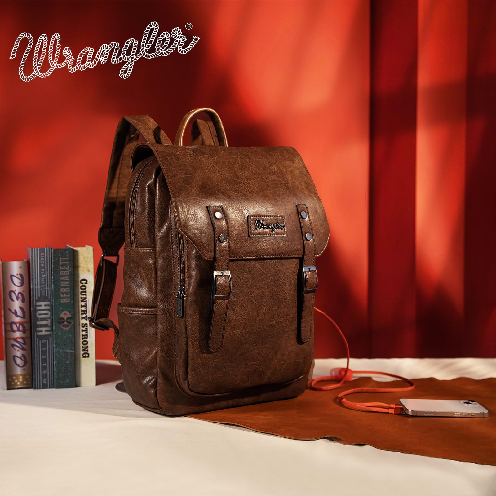 Wrangler Leather Backpack for Men & Women Travel Laptop Backpack College Vintage Dark Brown Backpack with USB Charging Port WG98-043DBR