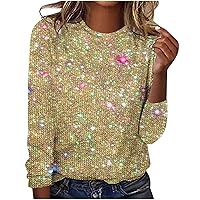 Women's Glitter Tops Long Sleeve Shirts Sequin Tshirts Round Neck Basic Tees Sparkly Going Out T Shirts Soft Blouses