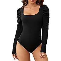 BMJL Womens Square Neck Ribbed Bodysuit Shirts Long Sleeves Body Suits Casual Puff Sleeves Tops