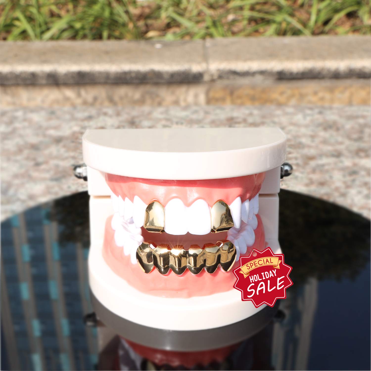 Gold Grillz Mouth Teeth 24K Plated Gold Custom Fit Top & Bottom Set Caps Grillz For Women Gift + Extra Molding Bars + Microfiber Cloth