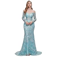 Women's Off-Shoulder Lace Sequins Long Sleeves Mermaid Prom Dress