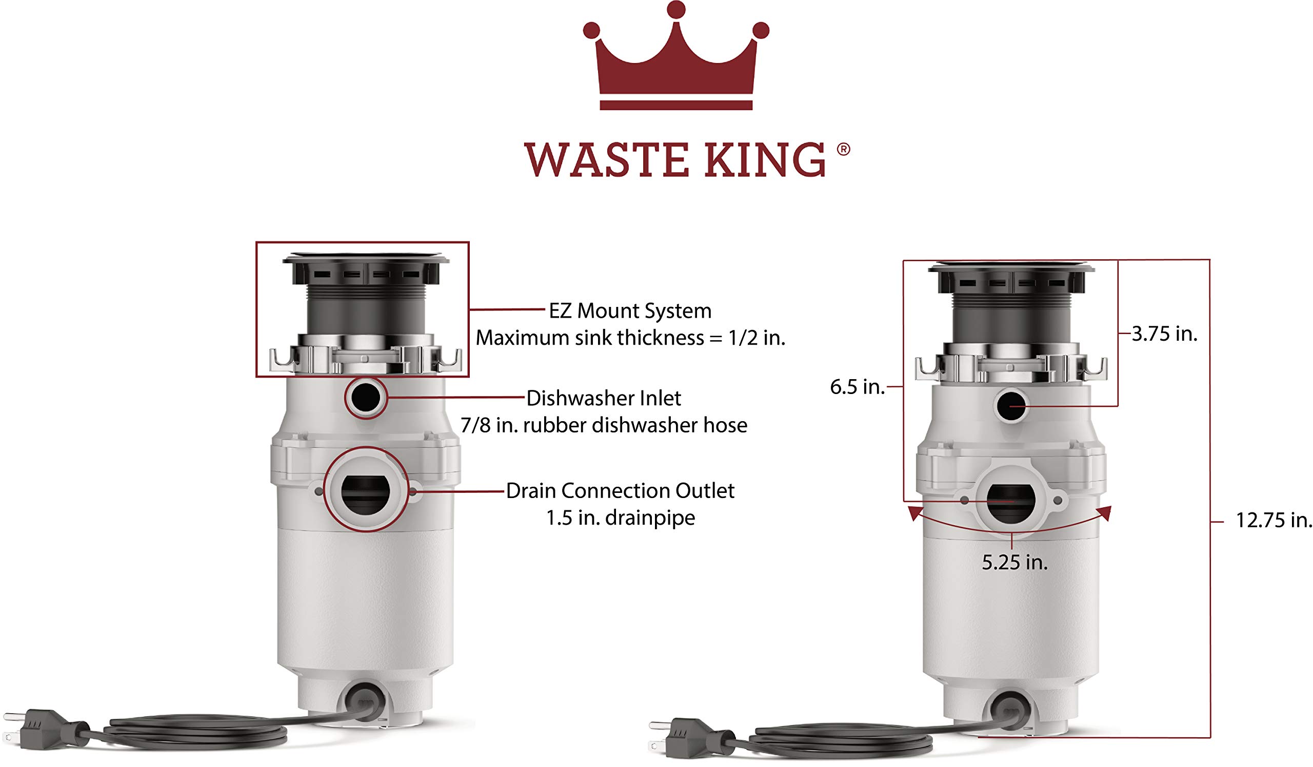 Waste King 1/3 HP Garbage Disposal with Power Cord, Compact Food Waste Disposer for Under Kitchen Sink, L-111