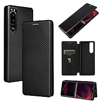 ZORSOME for Sony Xperia 5 III Flip Case,Carbon Fiber PU + TPU Hybrid Case Shockproof Wallet Case Cover with Strap,Kickstand Black