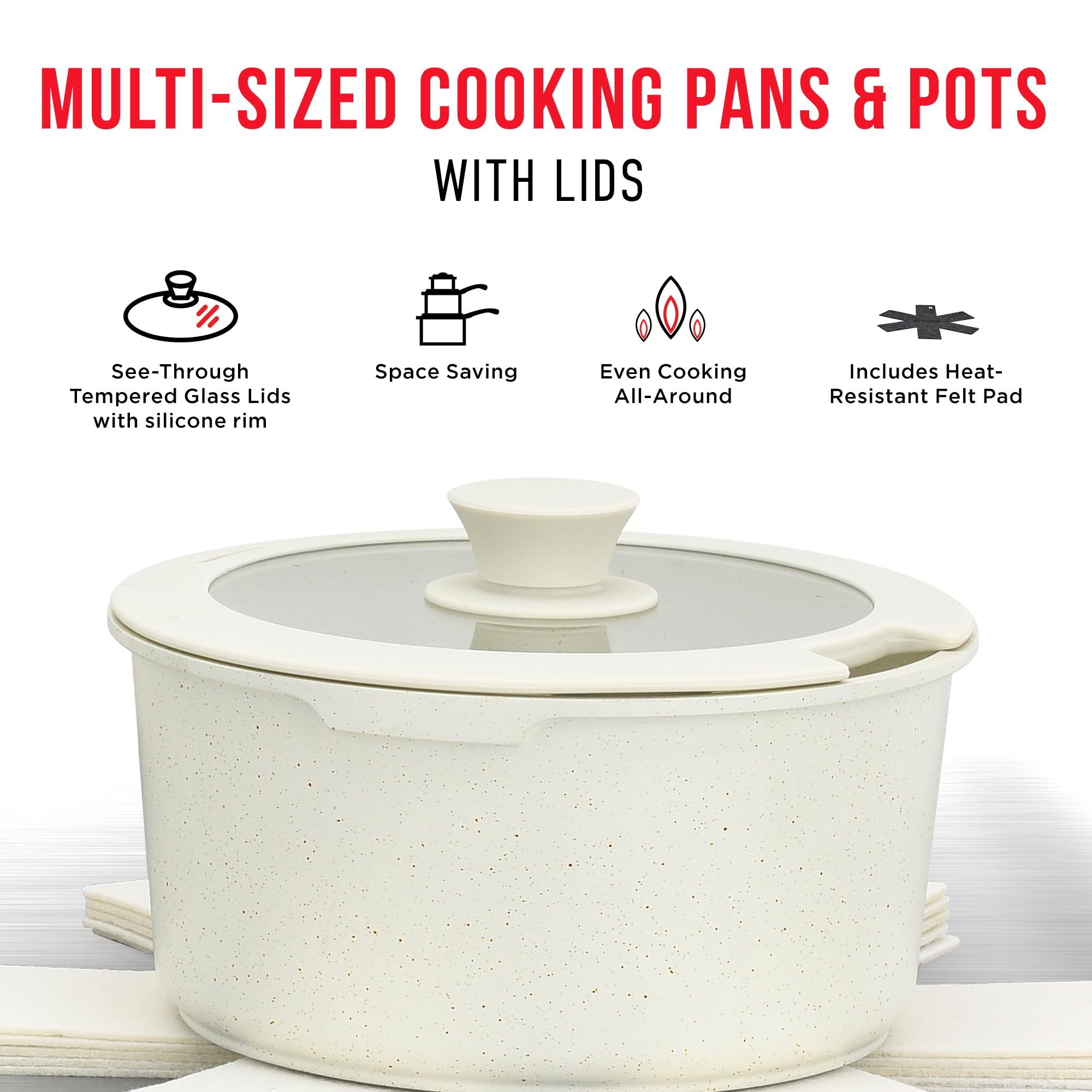 Bakken-Swiss Detachable 15-Piece Cookware Set – Granite Non-Stick – Eco-Friendly – stackable Removable Handles – for All Stoves & Oven-Safe - Cream Marble coating
