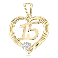 14K Yellow Gold Sweet 15 Years Quinceanera Cubic Zirconia CZ Charm Tiny Pendant For Necklace or Chain