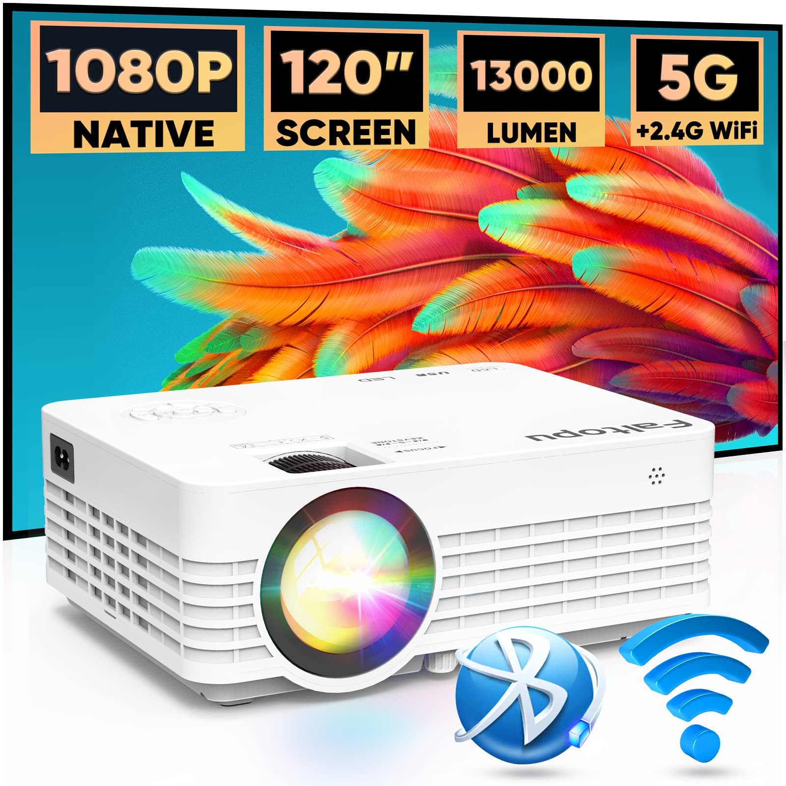 Faltopu Native 1080P Projector, Mini Portable【Projector with 120'' Screen】Movie Projector with 5G WiFi and Bluetooth, 13000L Full HD Outdoor Projector Compatible with iOS/Android,TV Stick,HDMI,USB