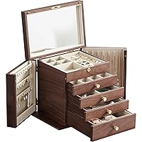 Black Walnut Wooden Jewelry Box for Women Classical Wooden with Two Side Doors 5-Layer with Mirror 5 Big Drawers Watch Necklace Ring Earring Storage Mother’s Day Gifts