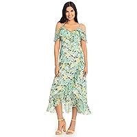 London Times Women's Hi-Low Dress, Ruffle Cold Shoulder Maxi