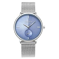 MASTOP Women's Silver Stainless Steel Woven Mesh Strap Wrist Watch Simple Design Analog Display Quartz Watch