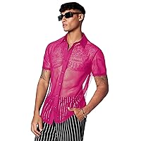 Verdusa Men's Sheer Mesh Button Up Shirt See Through Short Sleeve Top